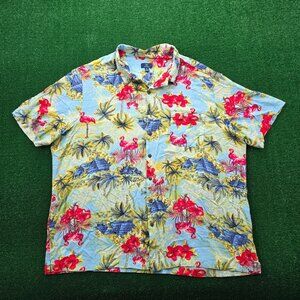 George Hawaiian Shirt Mens 3XL Blue Flamingo Button Up Beach Tropical Camp Rayon